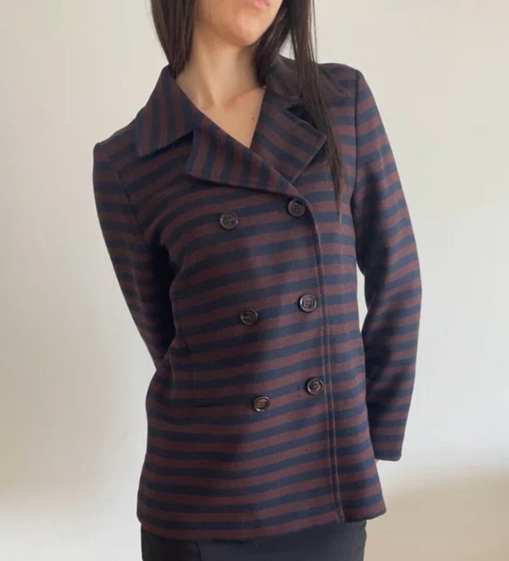 ZARA BASIC Navy/Burgundy Stripes Double Breasted Jacket Peacoat Blazer sz. S